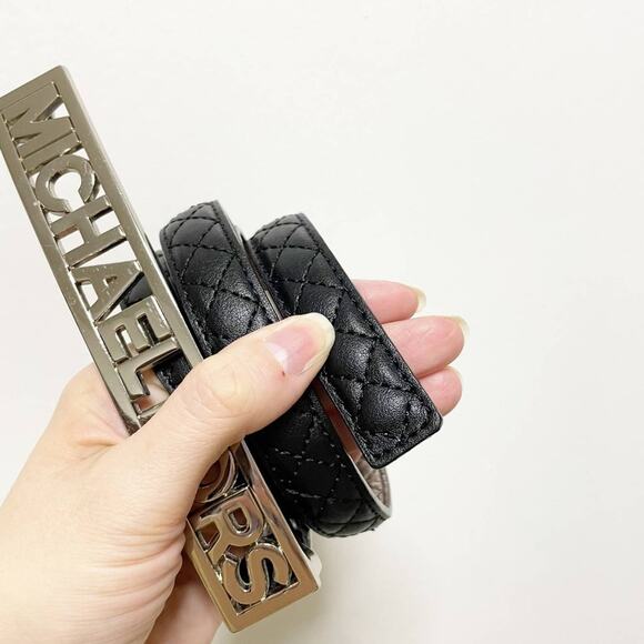 Michael Kors Black Stitched Leather Silver Hardware Belt